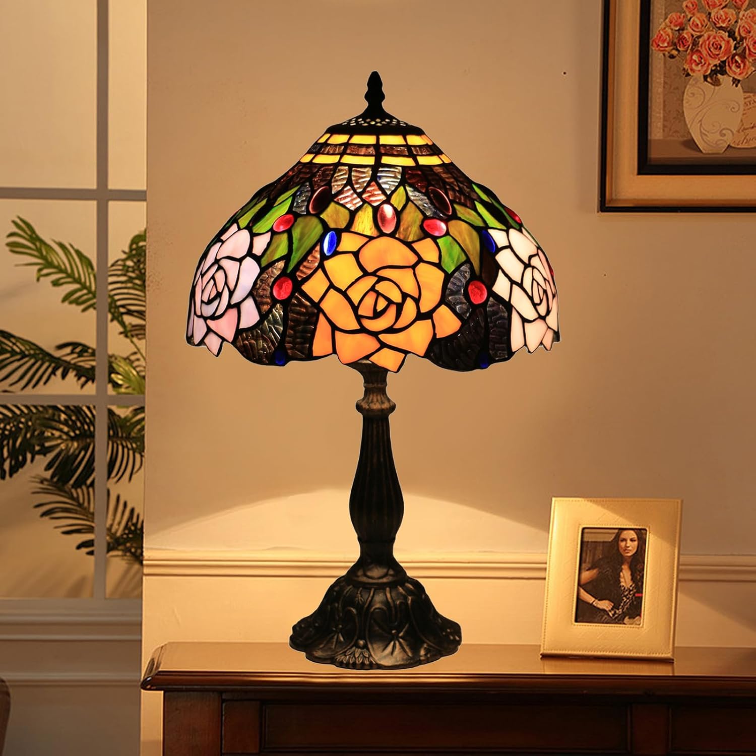 Tiffany Style Table Lamp, 12 Inch Stained Glass Lamp, Antique Table Lamp, Bedside Lamp, for Nightstand Bedroom Living Room Home Office, Rose Flower Pattern, Include LED Bulb