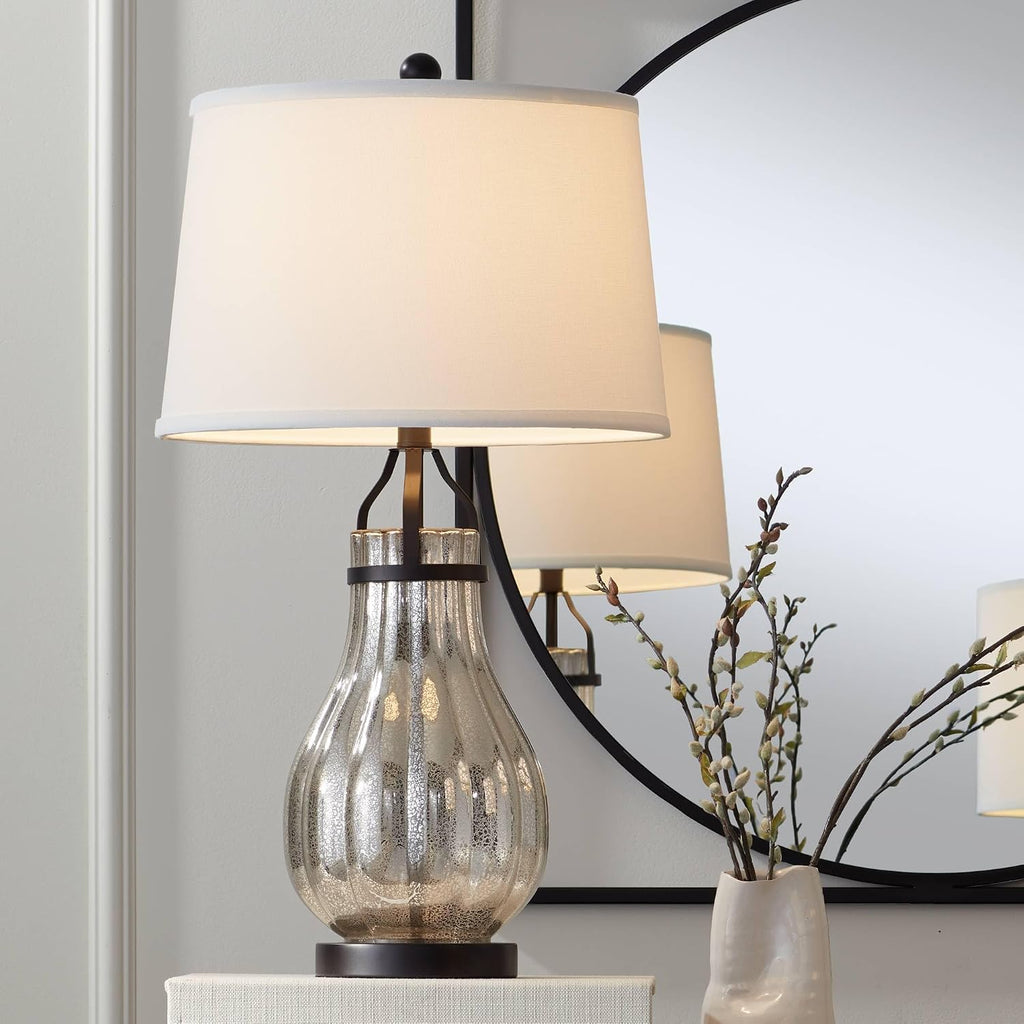 Franklin Iron Works Arian 27 1/2' Tall Modern Table Lamps Set of 2 Oil Rubbed Bronze Finish Metal Mercury Glass White Shade Living Room Bedroom Bedside Nightstand House Office Home Reading