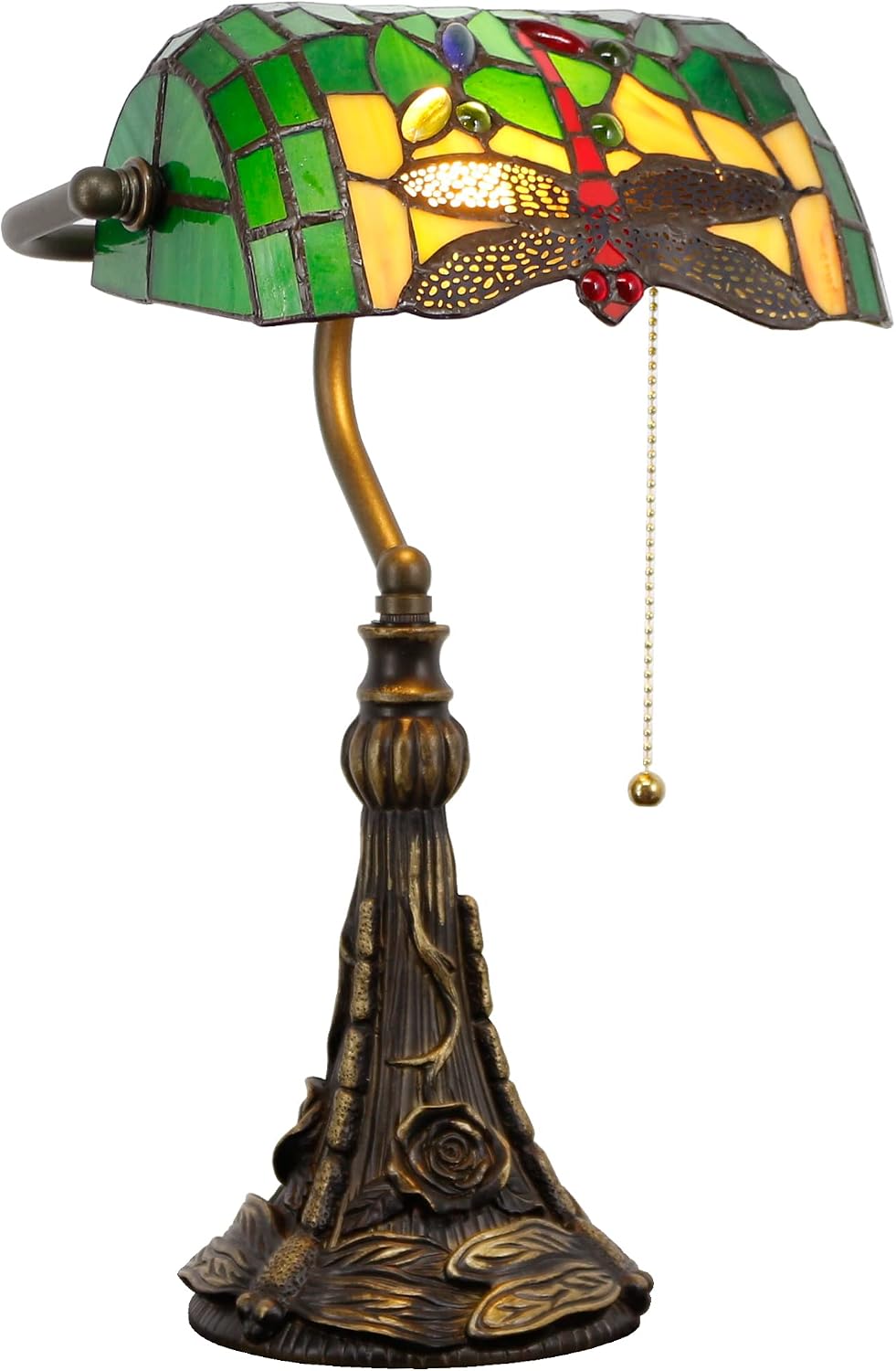 Tiffany Banker Lamp Small Stained Glass Table Lamp Tiffany Style Piano Light Green Dragonfly Style Desk Lamp Angle Adjustable 10.6X15.7 Inch for Home Office Living Room Bedroom
