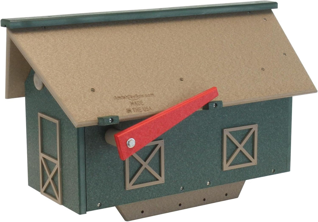 Country Barn Style Mailbox, Post Mount, Made with Weather-Proof Poly Lumber, UV-Resistant, (Weathered Wood and Turf Green)