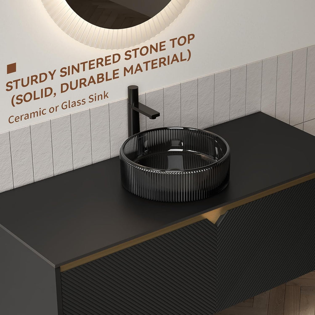 48 Inch Bathroom Vanity with Sink, Floating Fluted Vanity with Vessel Sink, Modern Wall Mounted Bathroom Vanity Cabinet with 2 Doors, Glass Vessel Sink & Sintered Stone Top, Black
