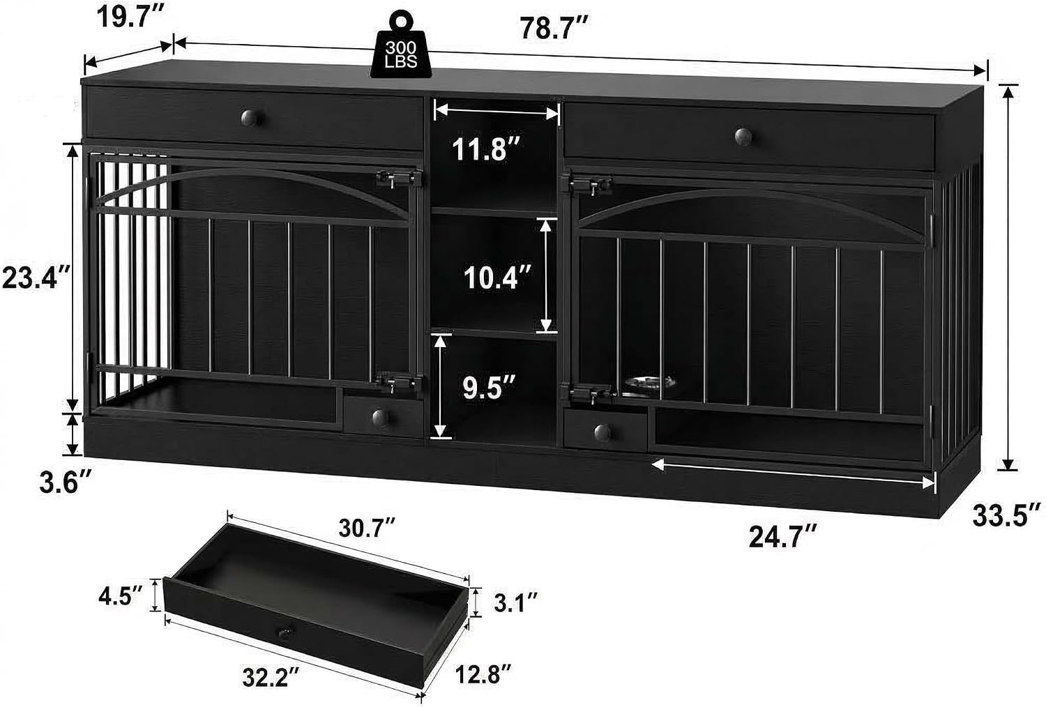 GarveeHome Dog Crate Furniture for 2 Dogs, Dog Kennel Indoor with Storage and Feeding Bowls, Double Dog Crate TV Stand for Small Medium Dogs, Black