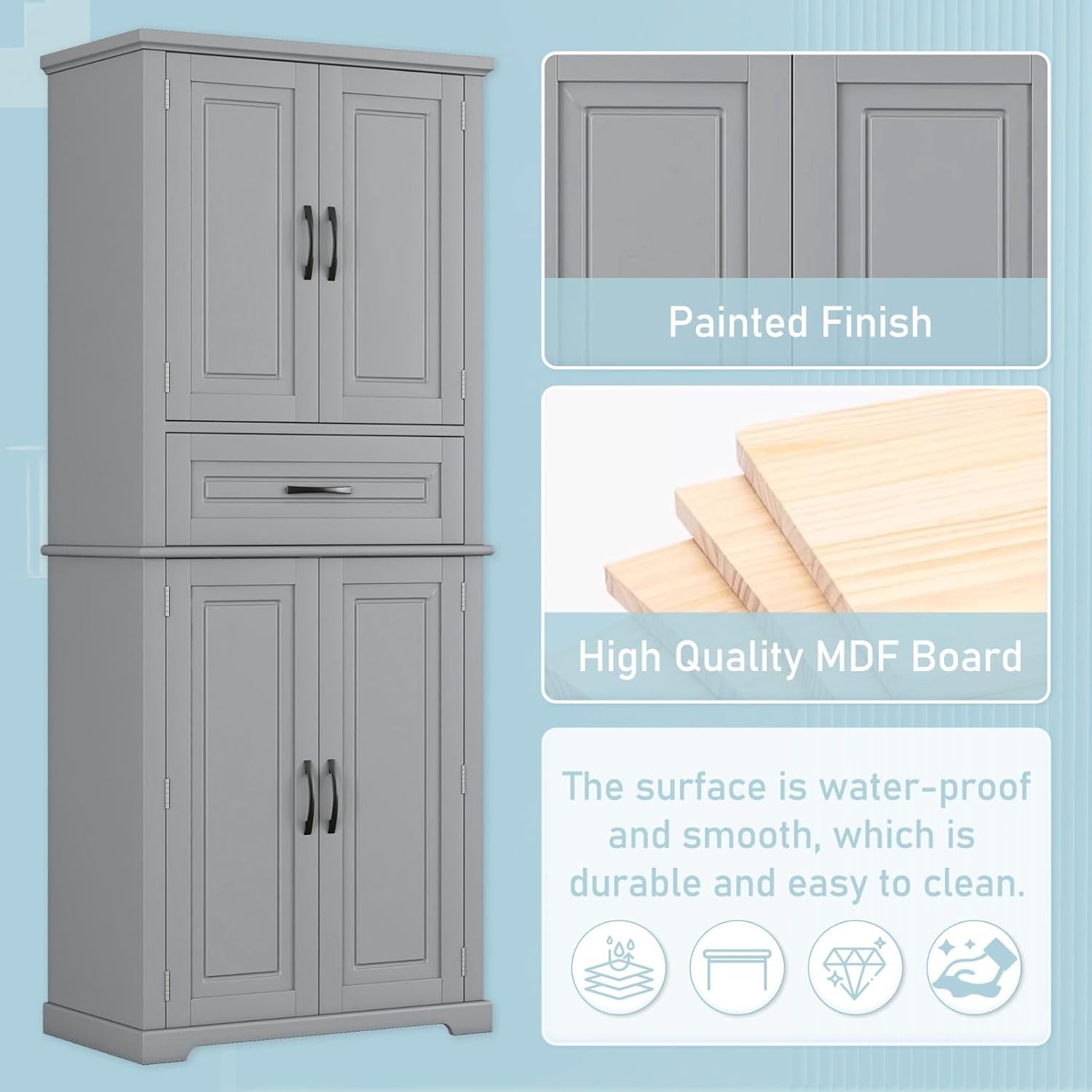 Tall Storage Cabinet with Adjustable Shelves, Large Drawer, and Door Storage Racks, 72' Kitchen Pantry Organizer with Magnetic Door Stopper and Metal Handles, Waterproof Finish for Home Use