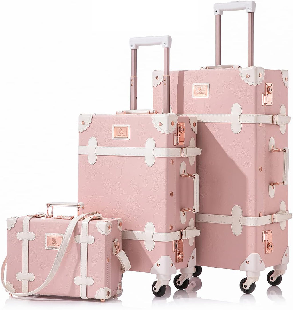 Unitravel 3 Piece Vintage Suitcase Set, Handcrafted Retro Luggage with TSA Lock and Carry On Cosmetic Train Case, Faux Leather Trunk Suitcase with Spinner Wheels for Women, Embossed Pink, 26'+20'+12'