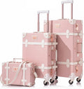 Unitravel 3 Piece Vintage Suitcase Set, Handcrafted Retro Luggage with TSA Lock and Carry On Cosmetic Train Case, Faux Leather Trunk Suitcase with Spinner Wheels for Women, Embossed Pink, 26'+20'+12'