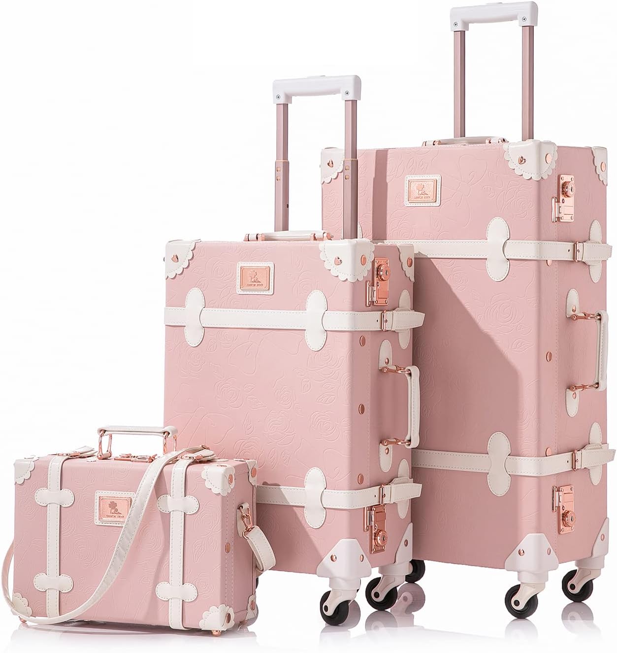 Unitravel 3 Piece Vintage Suitcase Set, Handcrafted Retro Luggage with TSA Lock and Carry On Cosmetic Train Case, Faux Leather Trunk Suitcase with Spinner Wheels for Women, Embossed Pink, 26'+20'+12'