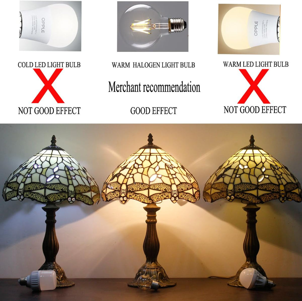 WERFACTORY Tiffany Lamp Cream Stained Glass Dragonfly Bedside Table Lamp Desk Reading Light 12X12X18 Inches Decor Bedroom Living Room Home Office S139 Series