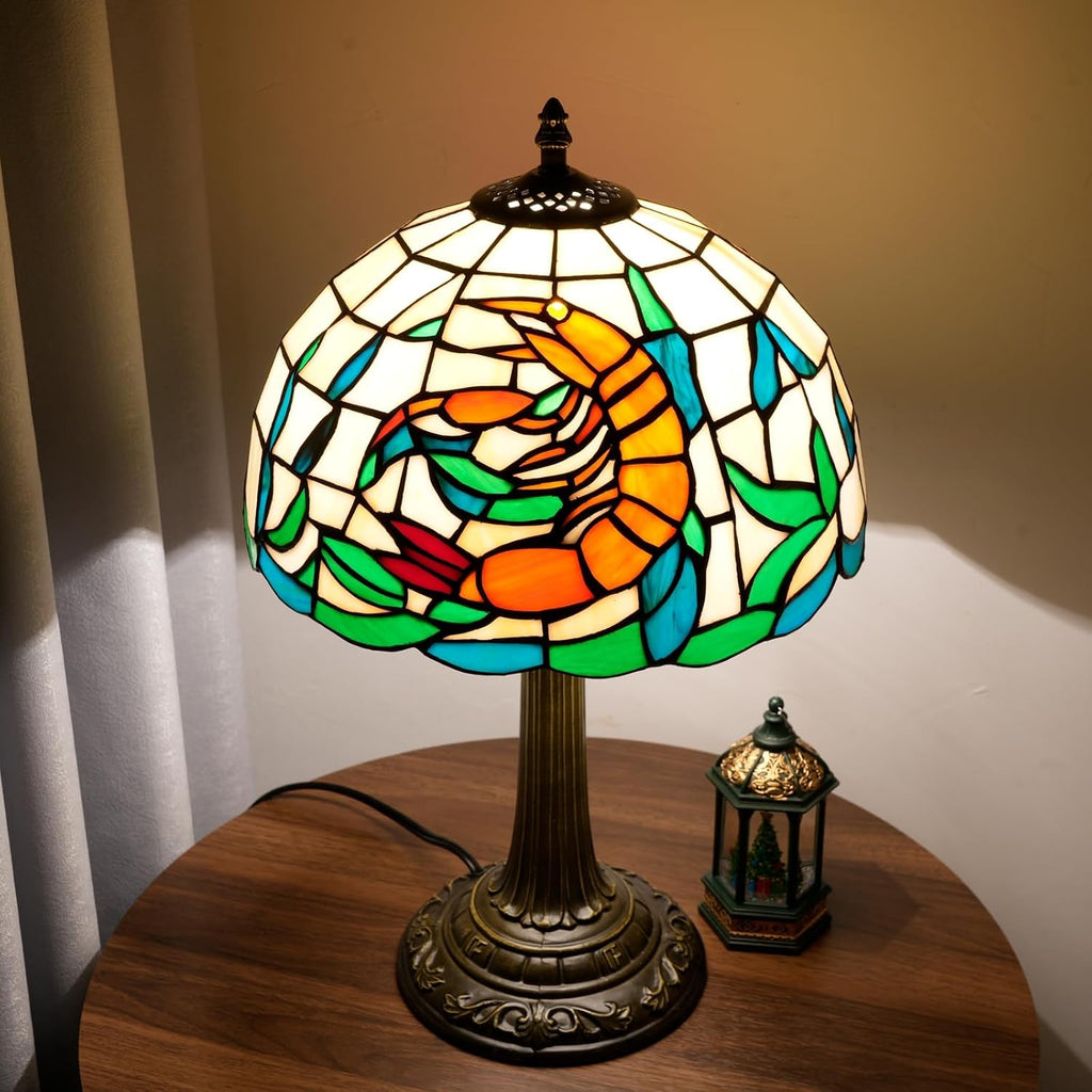 Tiffany Style Table Lamp with Orange Shrimp Stained Glass Lamp 12 Inch Retro Bronze Base Bedside Lamp Bedroom，Living Room, Bar,Cafe,Restaurant Hotel Coastal Style Decorative Ambient Light