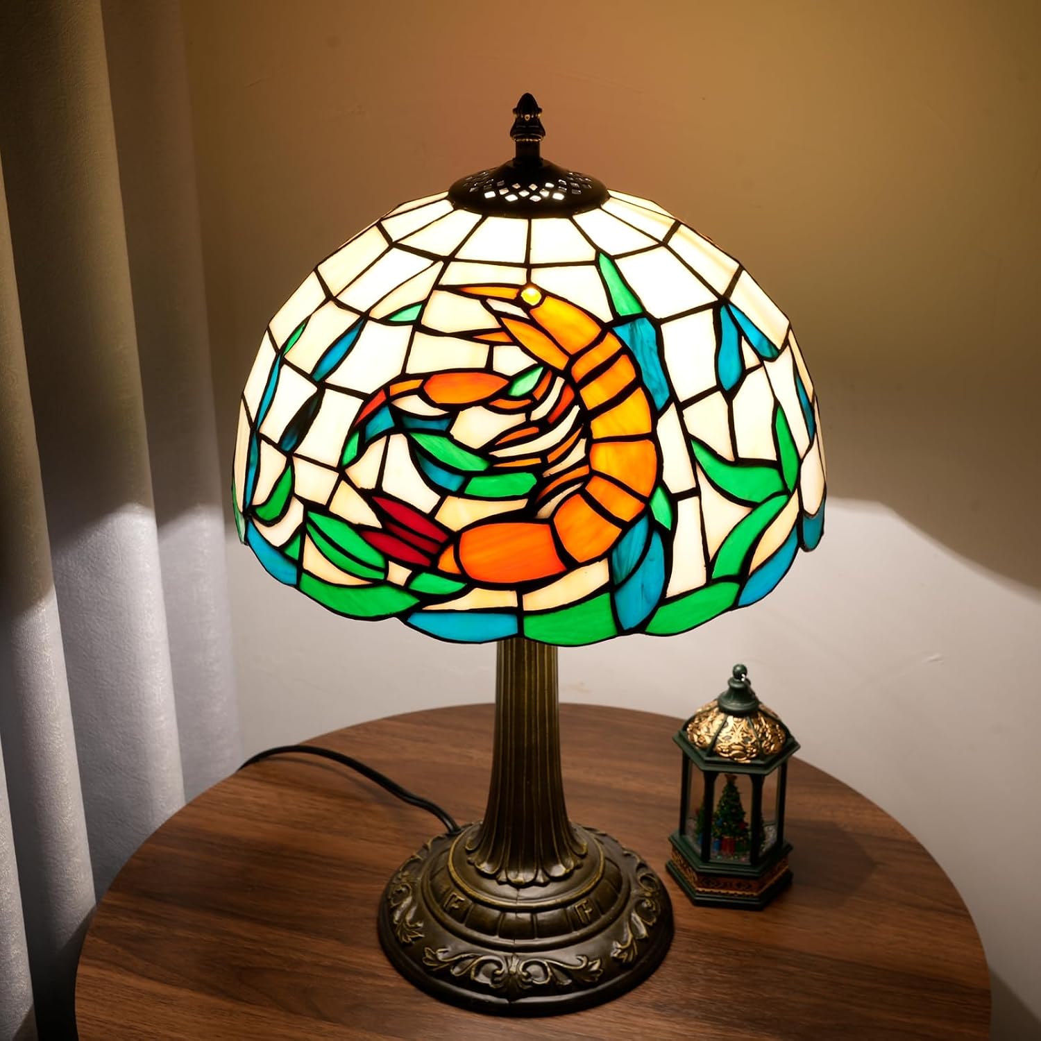 Tiffany Style Table Lamp with Orange Shrimp Stained Glass Lamp 12 Inch Retro Bronze Base Bedside Lamp Bedroom，Living Room, Bar,Cafe,Restaurant Hotel Coastal Style Decorative Ambient Light