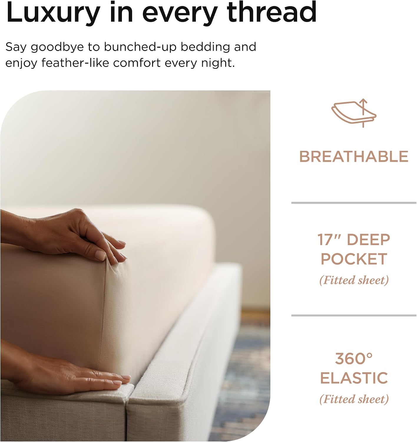 Threadmill Luxury Supima Cotton Sheets, Luxury 1000 Thread Count Soft 100% Cotton Sheets for Queen Size Bed, 4 Pc Beige Bed Queen Set, 5-Star Hotel Quality Elasticized Deep Pocket Bed Sheets Set