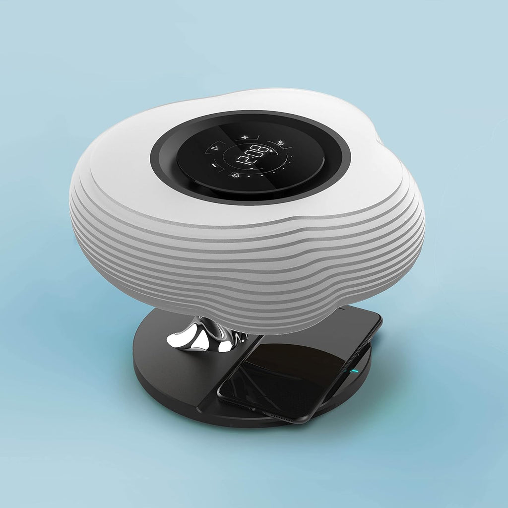 Bonsai Modern LED Bedside Smart Table Lamp with Built-in TWS Bluetooth Speaker and Qi Wireless Charger for Home and Office, Stepless Dimming with Sleep Mode (Clouds)