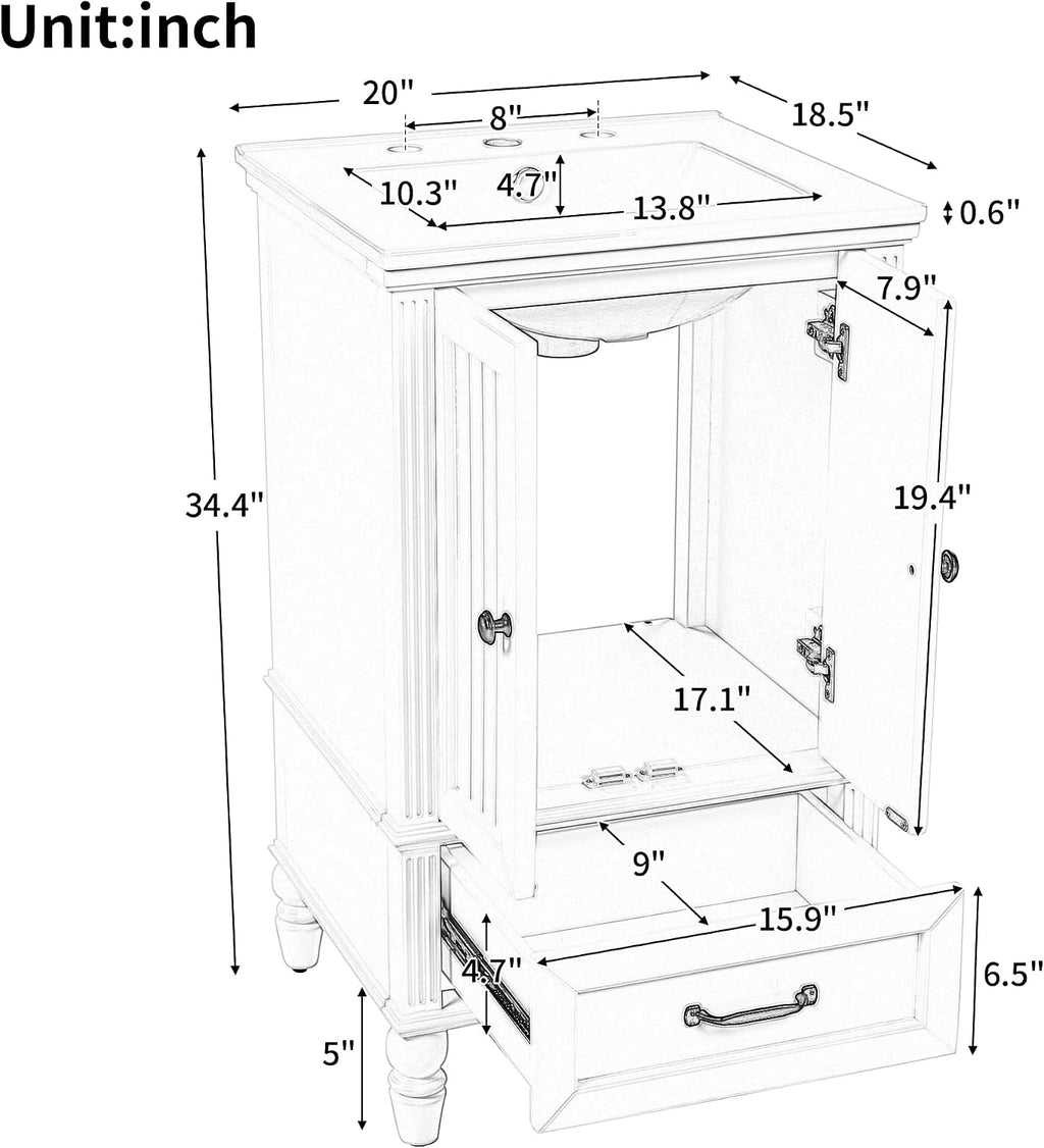 20' Bathroom Vanity With Sink Farmhouse MDF Fixture Stand Pedestal Bathroom Cabinet With Two Doors & A Drawer Magnetic Door Stopper Adiustable Foot Pads Freestanding Storage Cabinet For Bathroom Black