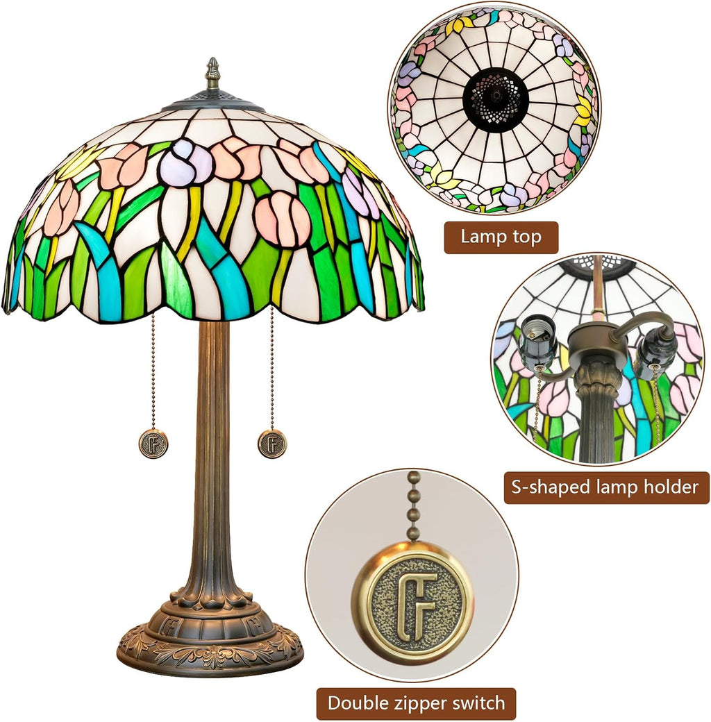 Tiffany Lamp Pink Yellow Tulips Stained Glass Table Lamp 16 inch Large Desk Light Antique Beside Reading Lamp for Home Living Room Bedroom Office