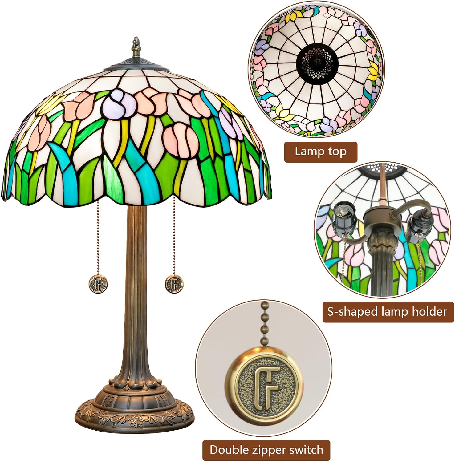 Tiffany Lamp Pink Yellow Tulips Stained Glass Table Lamp 16 inch Large Desk Light Antique Beside Reading Lamp for Home Living Room Bedroom Office