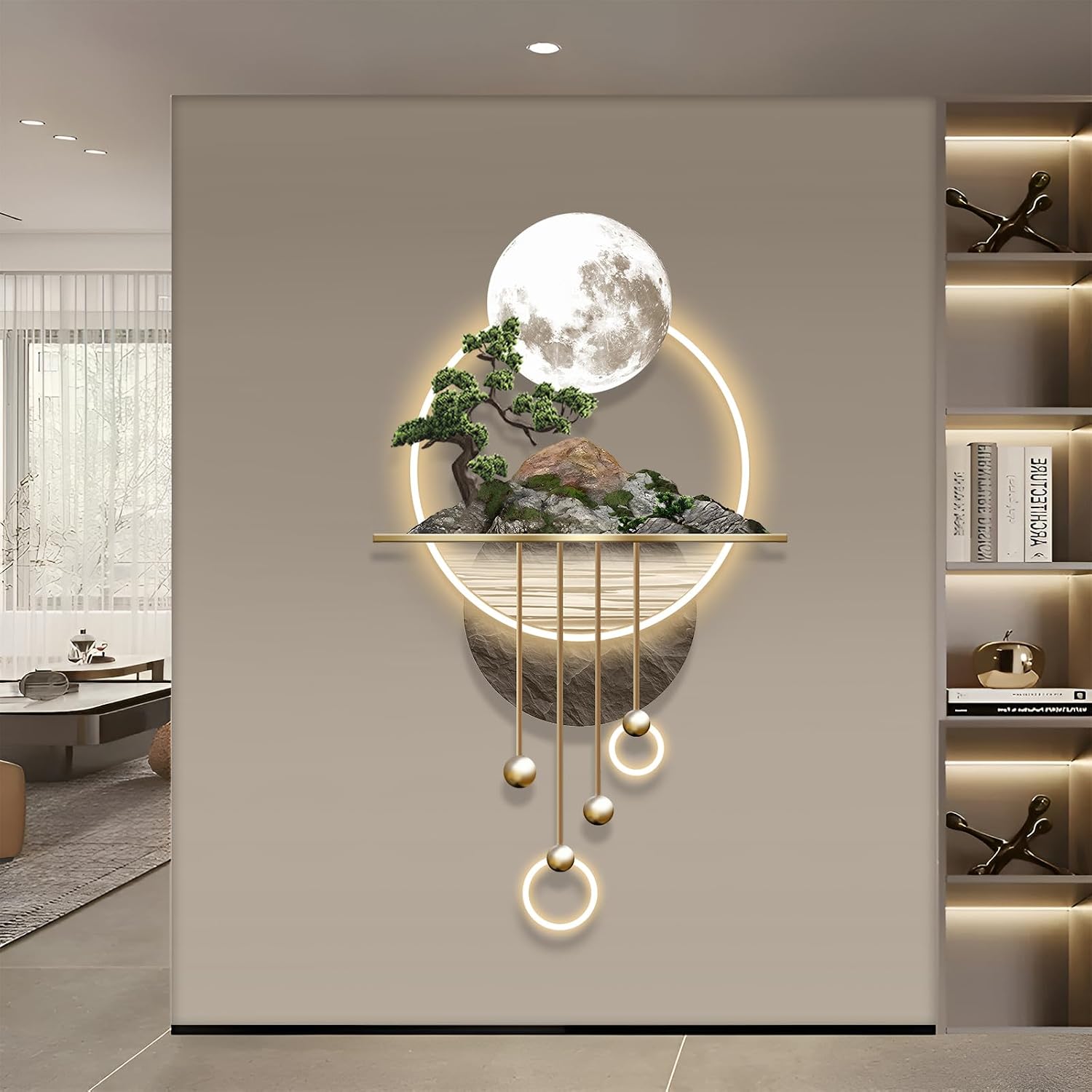 XQDYSG 3D Art Wall Decor with Light, Decor Wall Sculptures Large 3D Art, Modern Home Decor Landscape Wall Sculpture, Plug-in Power Supply, Gold A, 23x49IN