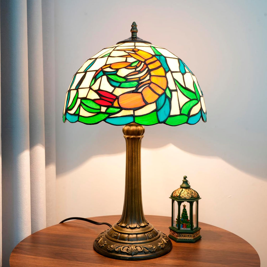 Tiffany Style Table Lamp with Orange Shrimp Stained Glass Lamp 12 Inch Retro Bronze Base Bedside Lamp Bedroom，Living Room, Bar,Cafe,Restaurant Hotel Coastal Style Decorative Ambient Light
