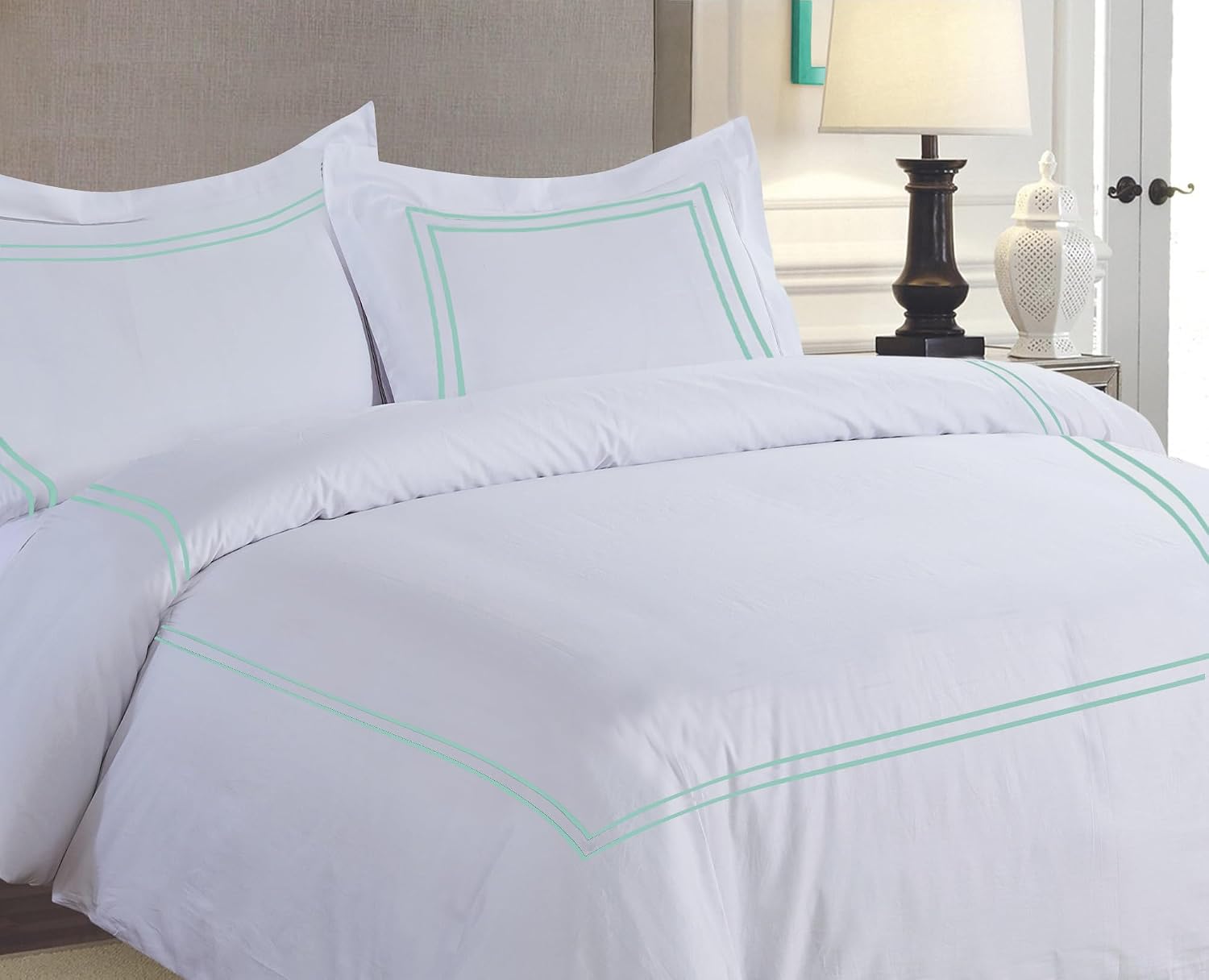 BedDecor Luxury 400-TC Egyptian Cotton 5PC Embroidered Duvet Cover Set with Beautiful 2-Stripe Embroidery(Aqua Blue, Full/Queen)