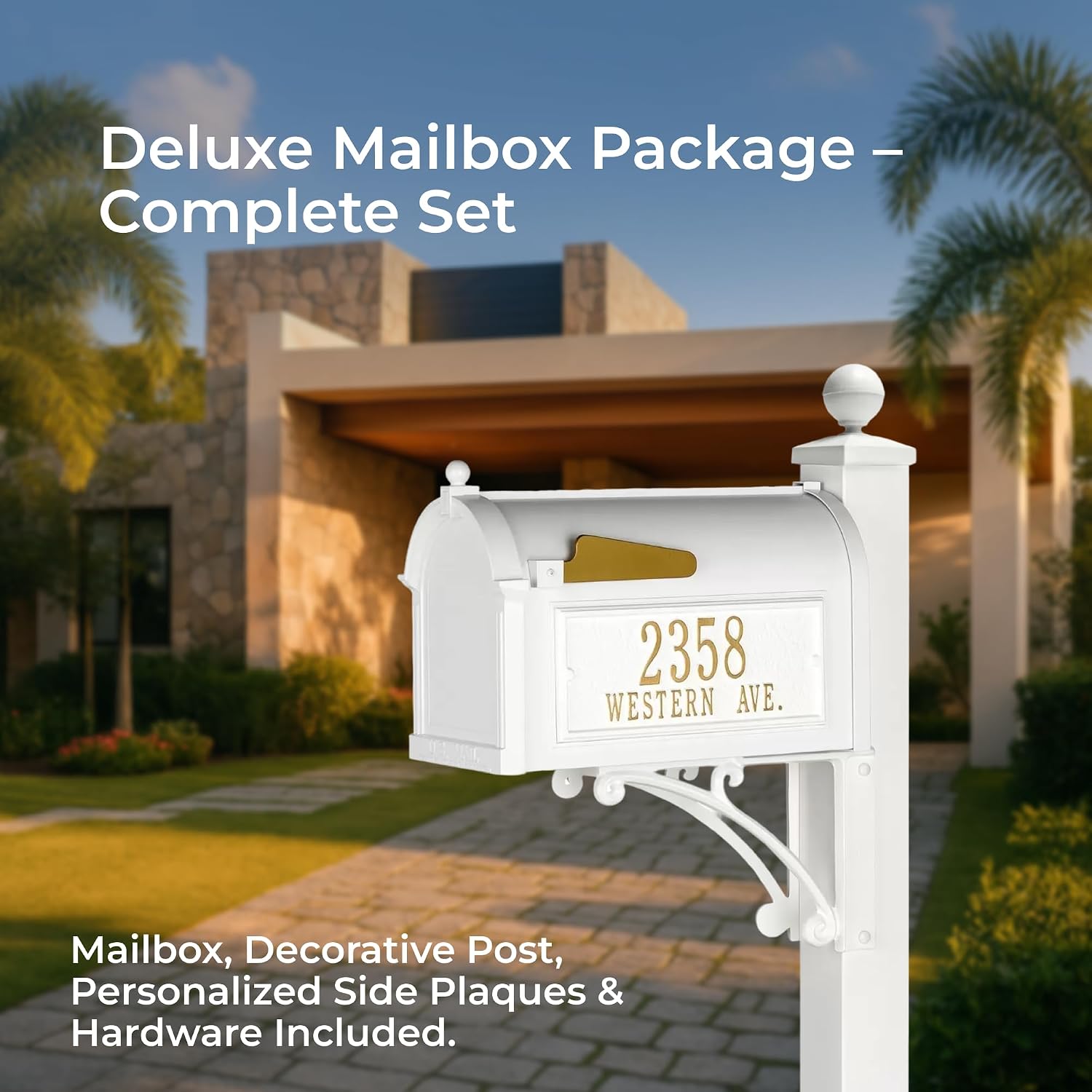 Custom Address Mailbox with Post in White Whitehall Deluxe Streetside Mailbox Personalized Plaques Weather-Resistant Cast Aluminum Design
