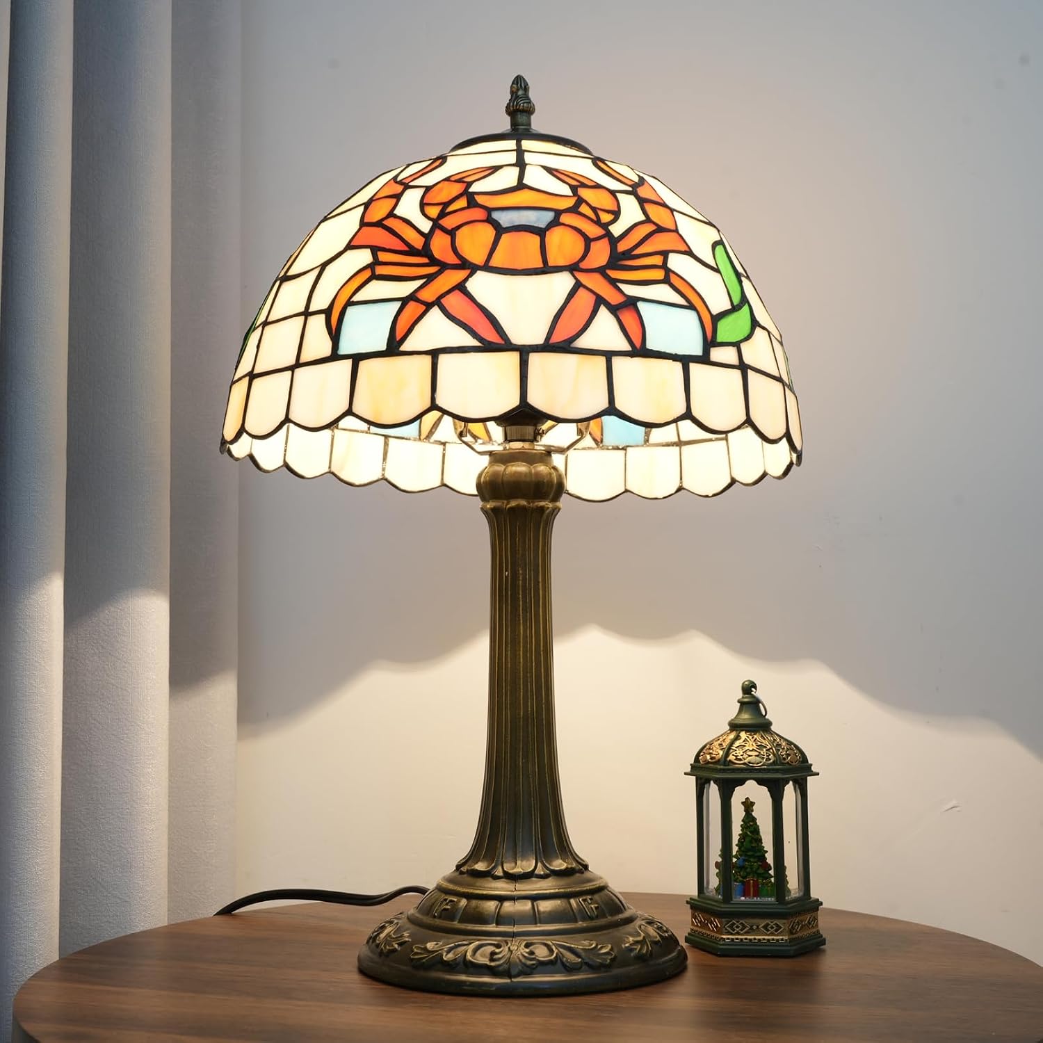 Tiffany Style Table Lamp with Orange Crab Stained Glass Lamp 12 Inch Retro Bronze Base Bedside Lamp Bedroom，Living Room, Bar,Cafe,Restaurant Hotel Art Nouveau Style Decorative Ambient Light