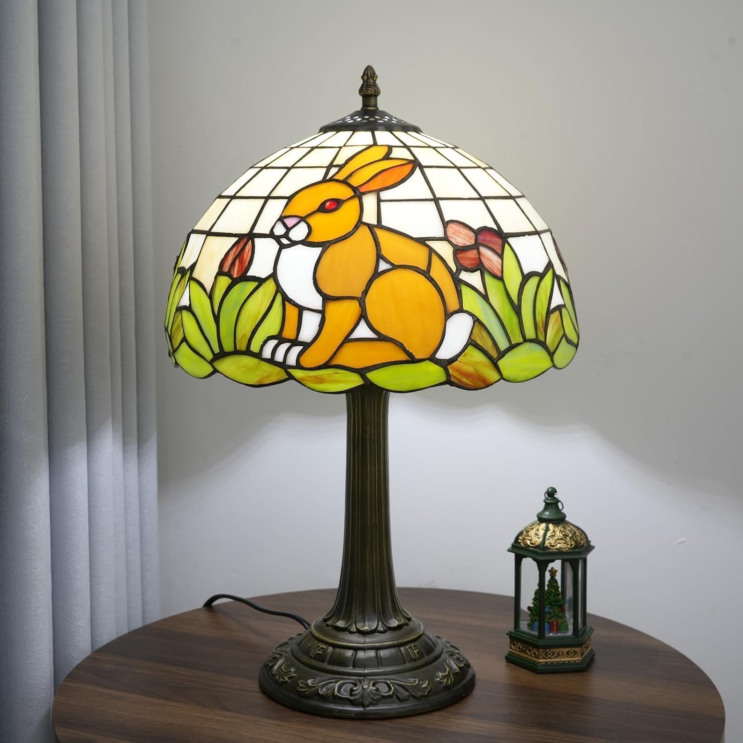 Tiffany Style Lamp with Cat Rabbit Stained Glass Lamp 12 Inch Retro Bronze Base Bedside Lamp Bedroom Living Room, Cafe，Restaurant Art Nouveau Style Decorative Child Interest Ambient Light