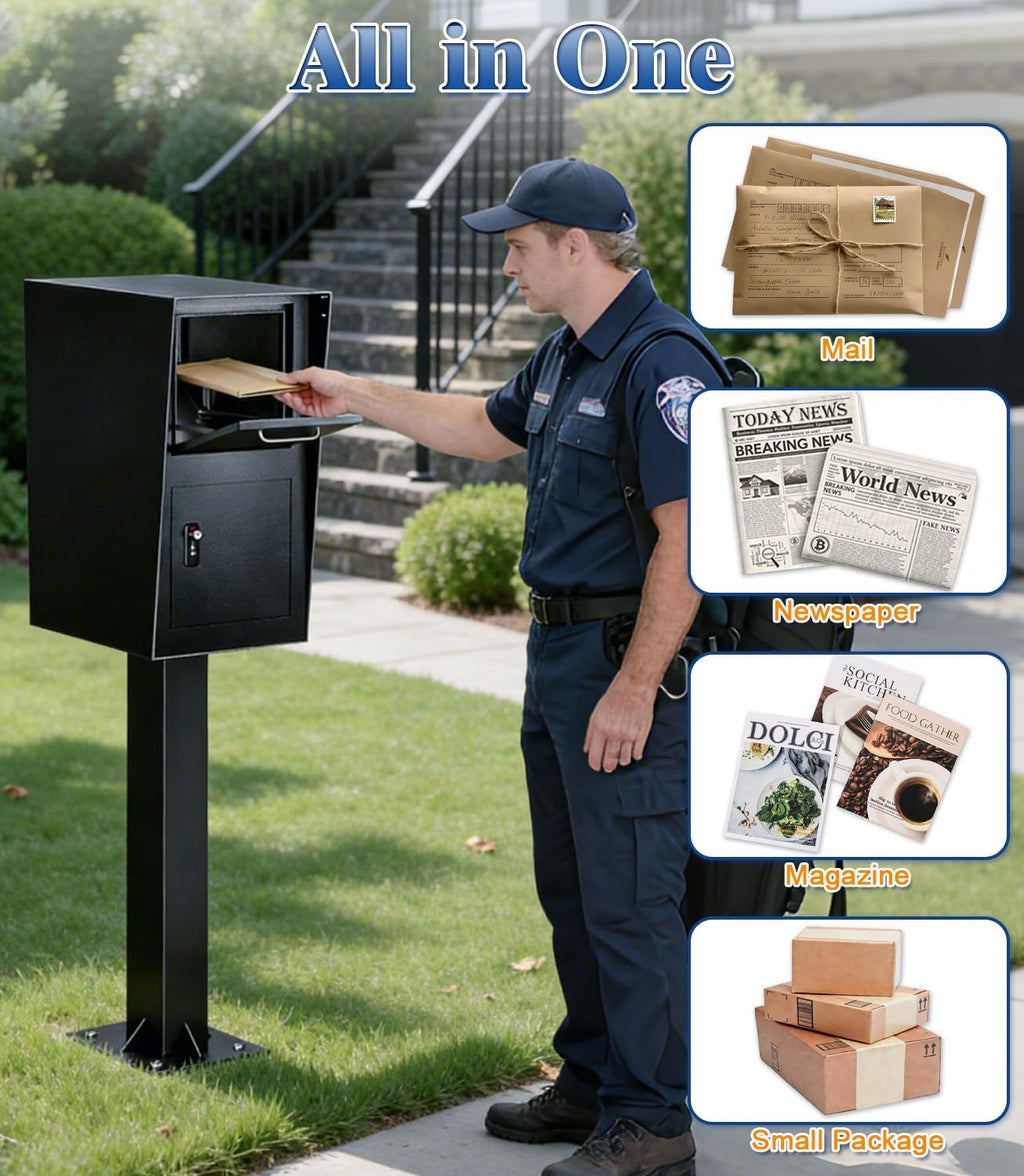 All-in-One Secure Curbside Locking Mailbox for Packages & Mail, Galvanized Steel with Combination Lock & Key, Anti-Theft Rainproof Design, Spacious Interior (Black)