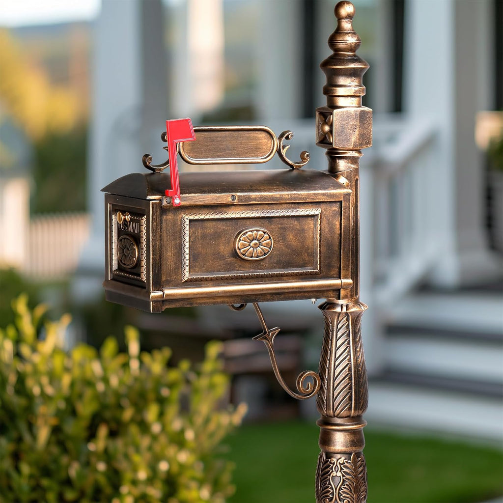 Large Metal Mailbox with Post for Outside Combo, Side Mount with Stand Outgoing Signal Flag & Address Plaque Heavy Duty Cast Aluminum Antique Bronze Vintange Mail Box Sturdy Base 22.4' x 9' x 62.6'H