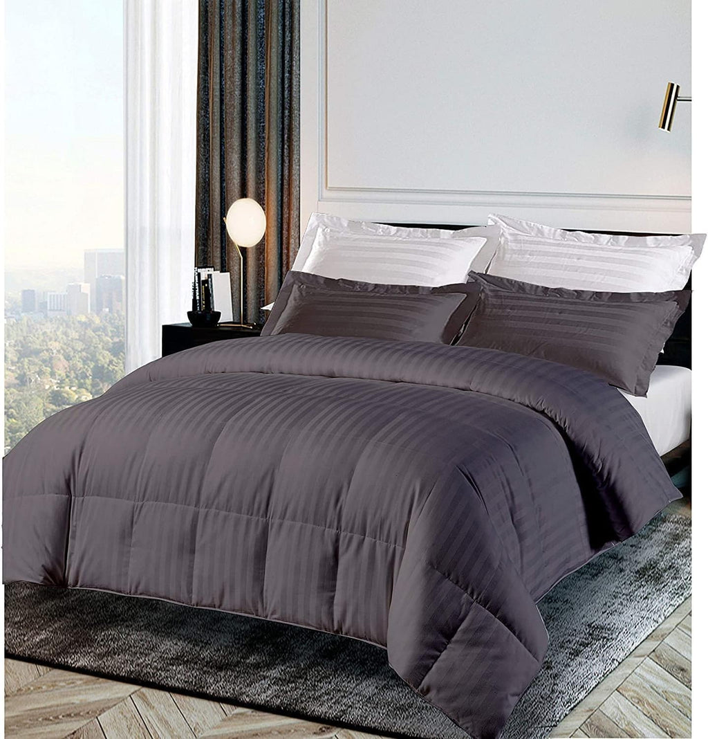 Premium 1000 Thread Count RV-Short Queen Size 1 Piece Comforter (500GSM Fiber Fill) Elephant Grey Stripe 100% Egyptian Cotton, (88'X88')