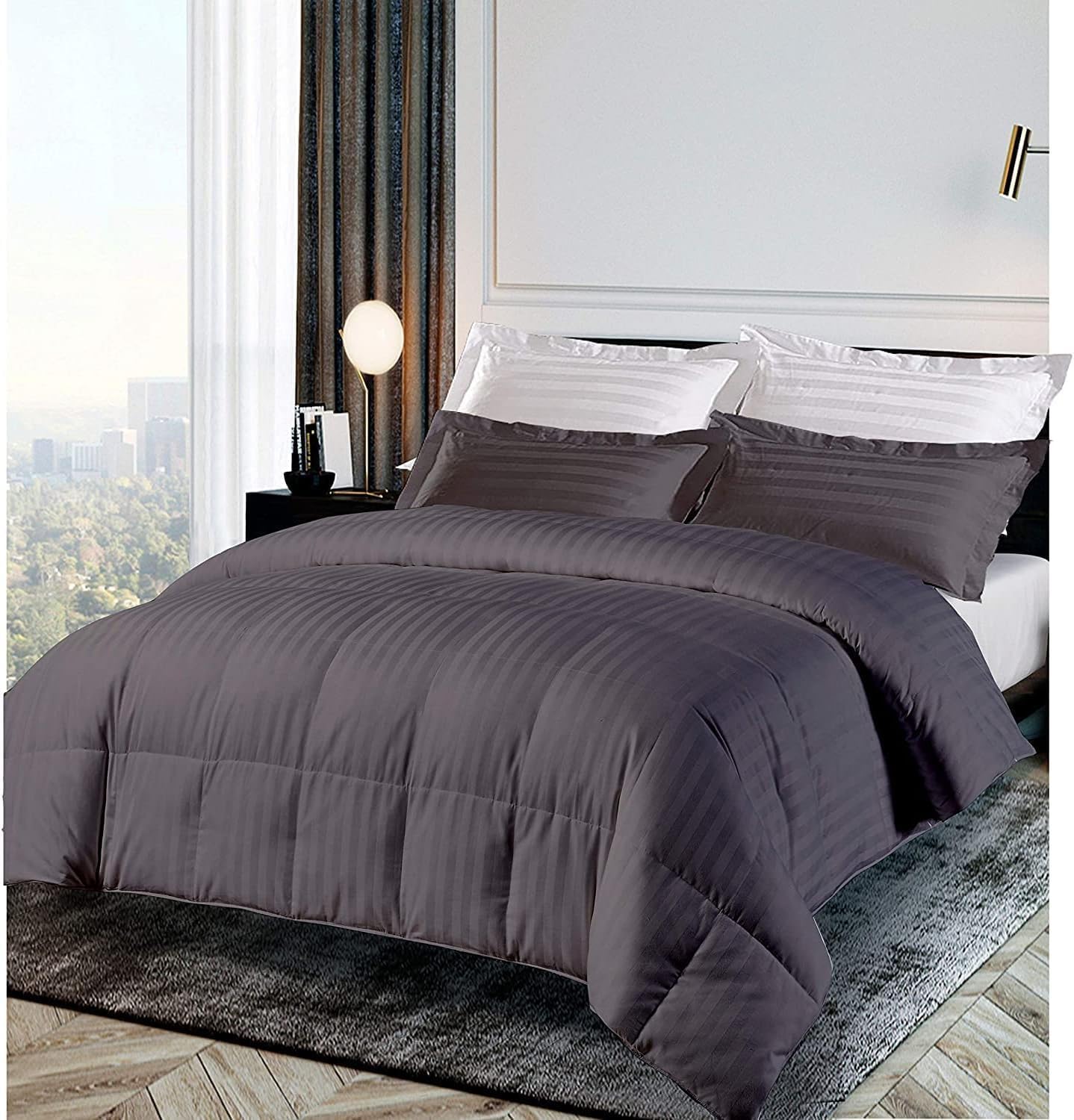Premium 1000 Thread Count RV-Short Queen Size 1 Piece Comforter (500GSM Fiber Fill) Elephant Grey Stripe 100% Egyptian Cotton, (88'X88')