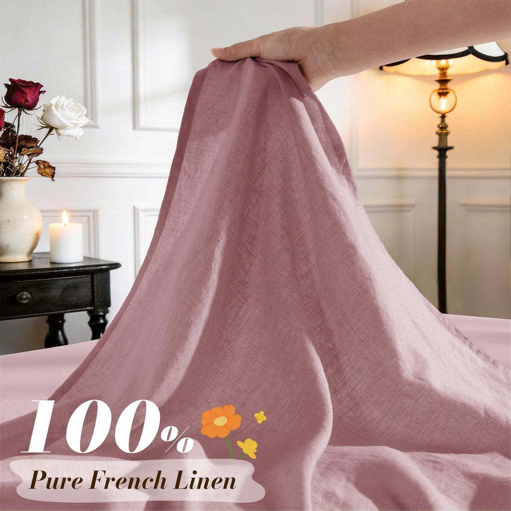 SONORO KATE 100% French Pure Linen Sheets, Breathable and Durable Linen Queen Size Sheets, Anti-Tear Linen Bed Sheets, Machine Washable, 16 Inch Deep Pocket - 4 Piece (Embroidery Purple, Queen)