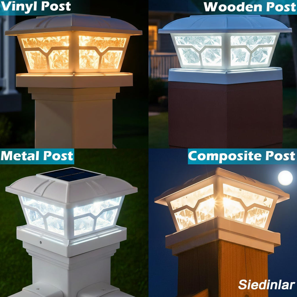 SIEDiNLAR Solar Post Cap Lights Outdoor 2 Color Modes 8 LEDs for 4x4 5x5 6x6 Wooden Vinyl Posts Fence Deck Patio Decoration Warm White & Cool White Lighting White (10 Pack)