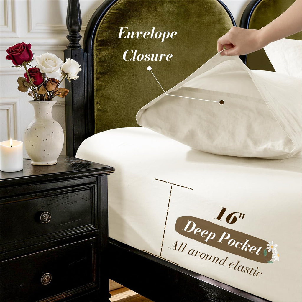 SONORO KATE 100% French Pure Linen Queen Size Sheets, Breathable and Durable, 16 Inch Deep Pocket - 4 Piece (Cream)
