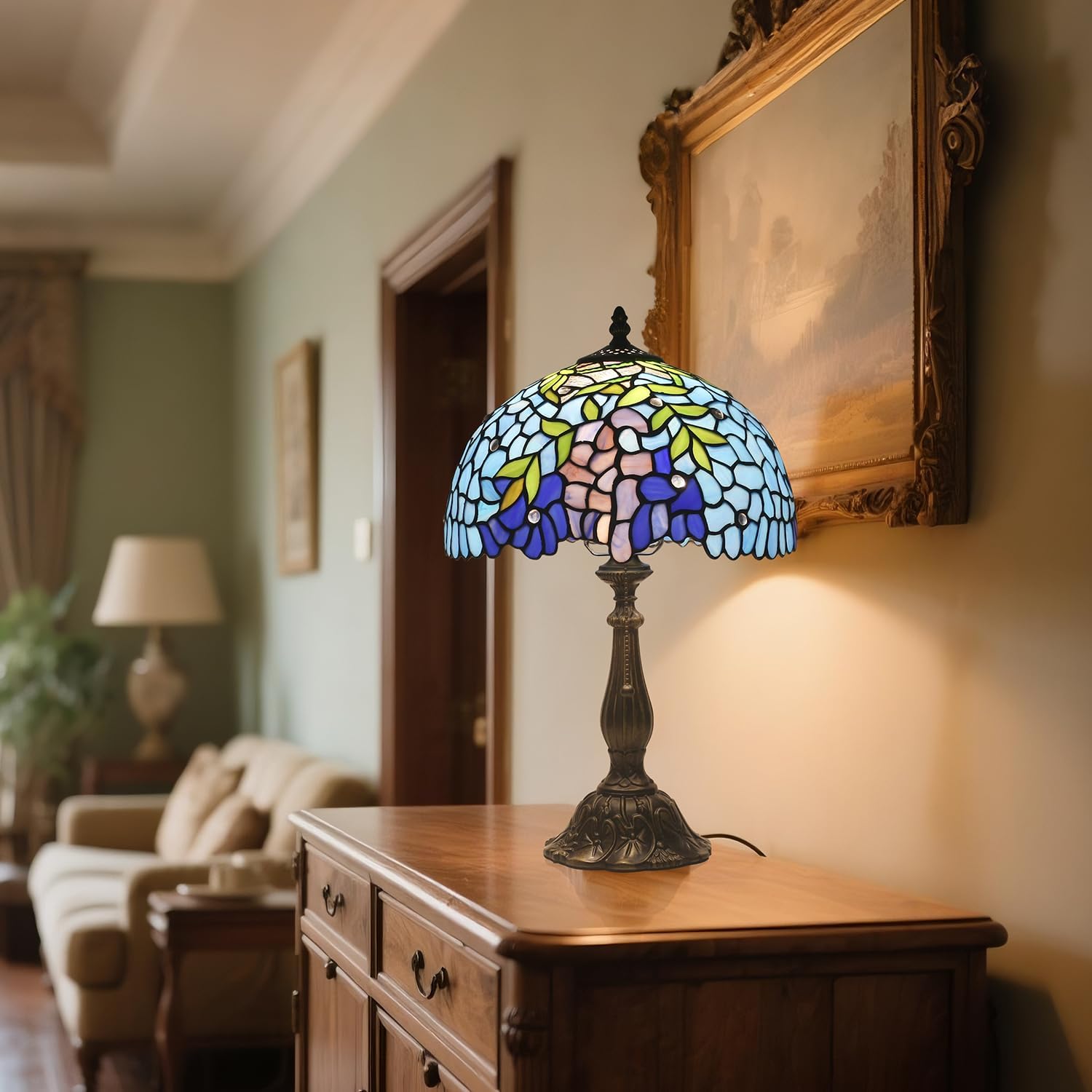 Tiffany Style Table Lamp,Wisteria Flowers Table Lamp,12X12X19 Inch Tiffany Reading Light, Antique Glass Desk Decor Lamp.