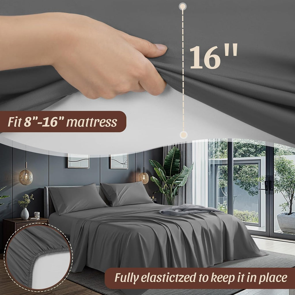 100% Cotton 1200 Thread Count Sheets Set Bedding Sets,Bed Sheet 4 Piece Sets,16 inches Deep Pocket (Dark Grey, Queen)