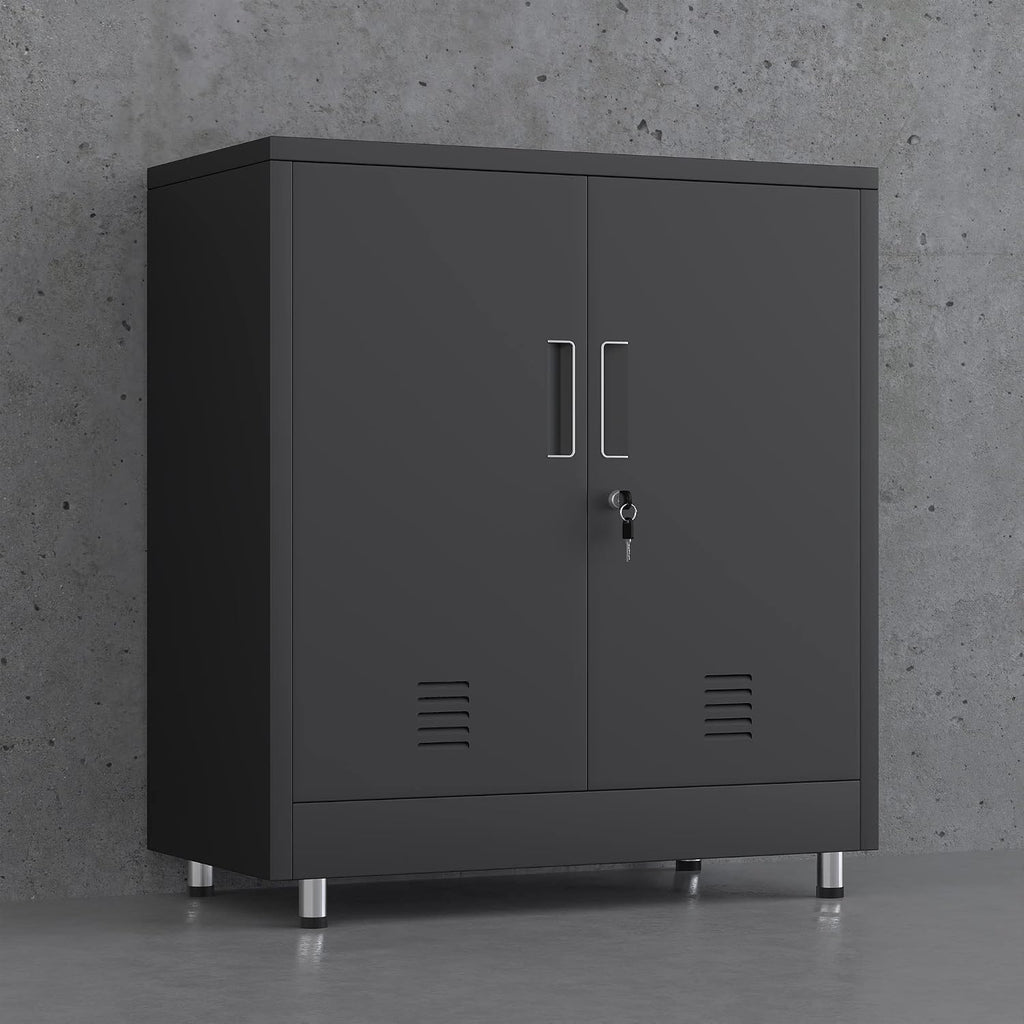 JINGUR Metal Storage Cabinet with Locking Doors and Adjustable Shelf, Small Lockable Sideboard Buffet Cabinet for Home Office Hallway Entryway Living Dining Room (Black)