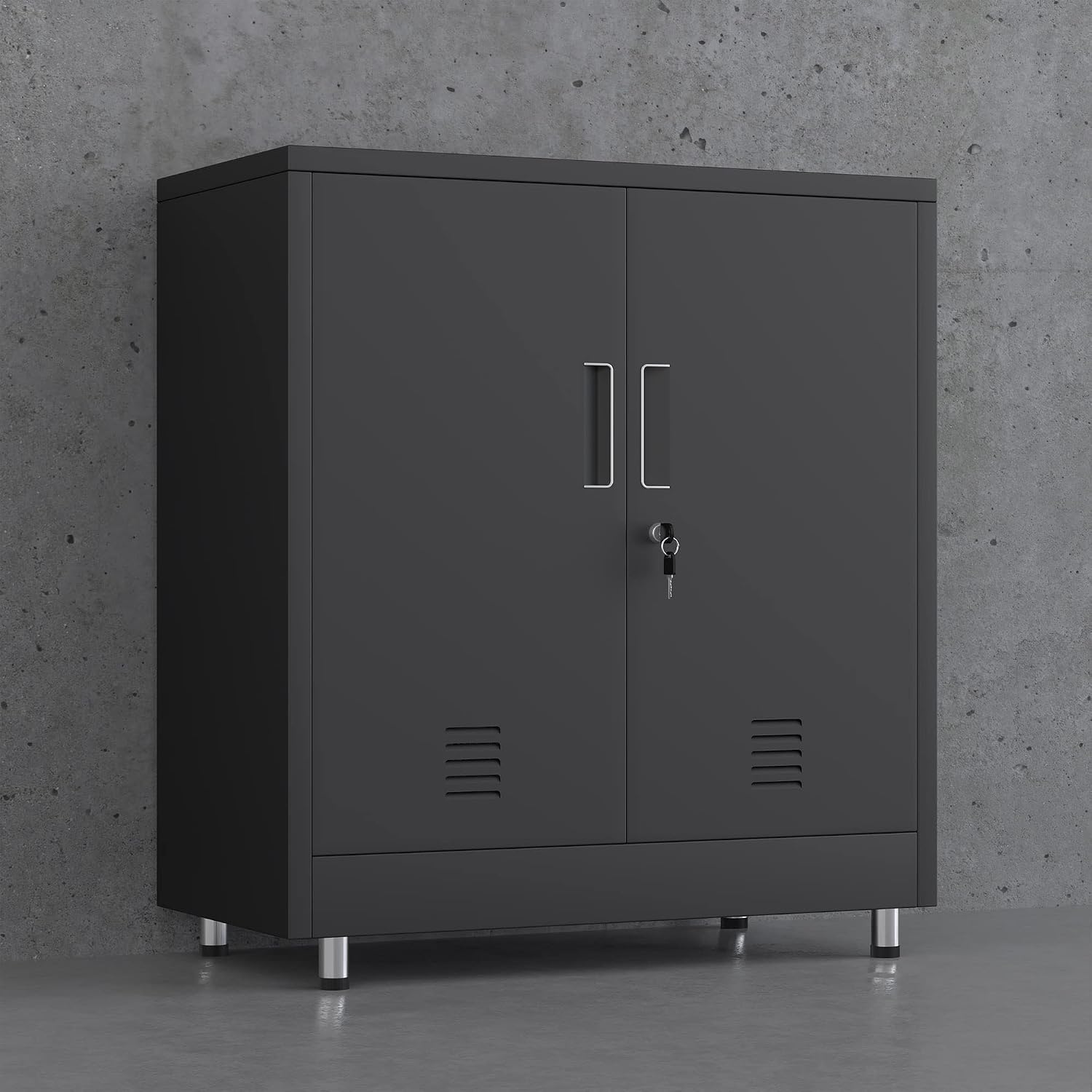 JINGUR Metal Storage Cabinet with Locking Doors and Adjustable Shelf, Small Lockable Sideboard Buffet Cabinet for Home Office Hallway Entryway Living Dining Room (Black)
