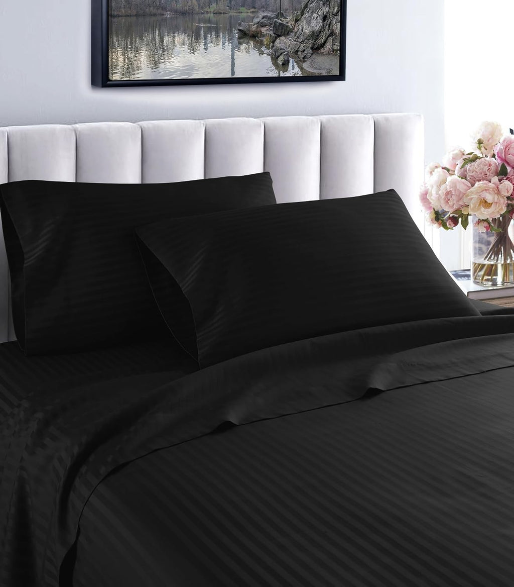 Olympic Queen Size Sheet Set, 1000 Thread Count Egyptian Cotton Sheets, Luxury Fits 6-9' Deep Pocket, Sateen, Hotel-Quality Sheet Set (Stripe, Black)