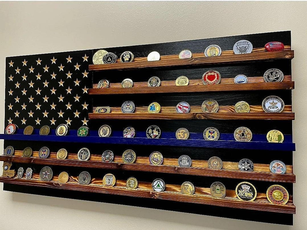Thin Blue Line Challenge Coin Holder Display, Wooden Shelves hold 90-100 Coins, for Military, Police, Law Enforcement, First Responders, Custom Handmade Quality, Made in Texas