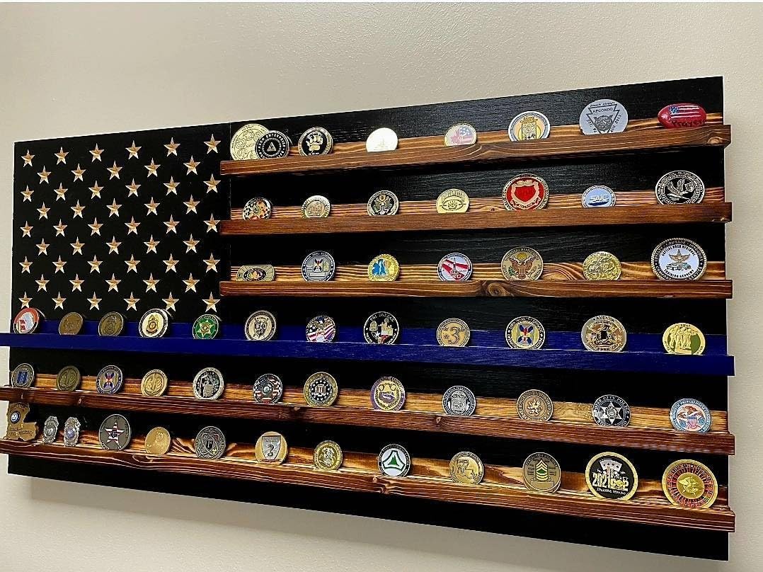 Thin Blue Line Challenge Coin Holder Display, Wooden Shelves hold 90-100 Coins, for Military, Police, Law Enforcement, First Responders, Custom Handmade Quality, Made in Texas
