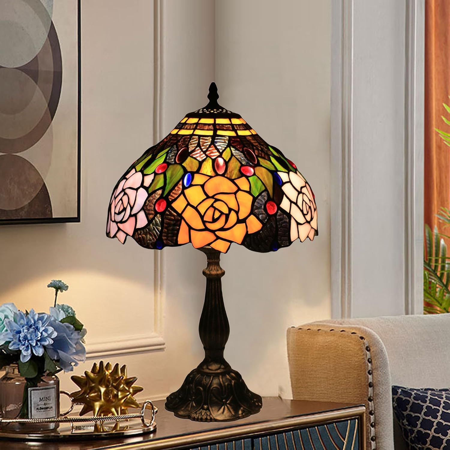 Tiffany Style Table Lamp, 12 Inch Stained Glass Lamp, Antique Table Lamp, Bedside Lamp, for Nightstand Bedroom Living Room Home Office, Rose Flower Pattern, Include LED Bulb