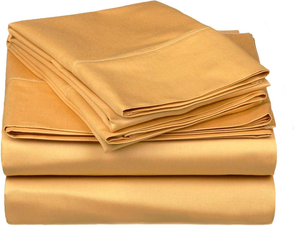 Superior Egyptian Cotton 530 Thread Count Bed Sheet Set, 1 Elastic Deep Pocket Fitted Sheet, 1 Flat Sheet, 2 Pillowcases, Soft Bedding, Luxury Sheets, Sateen Weave, Queen Size, Gold
