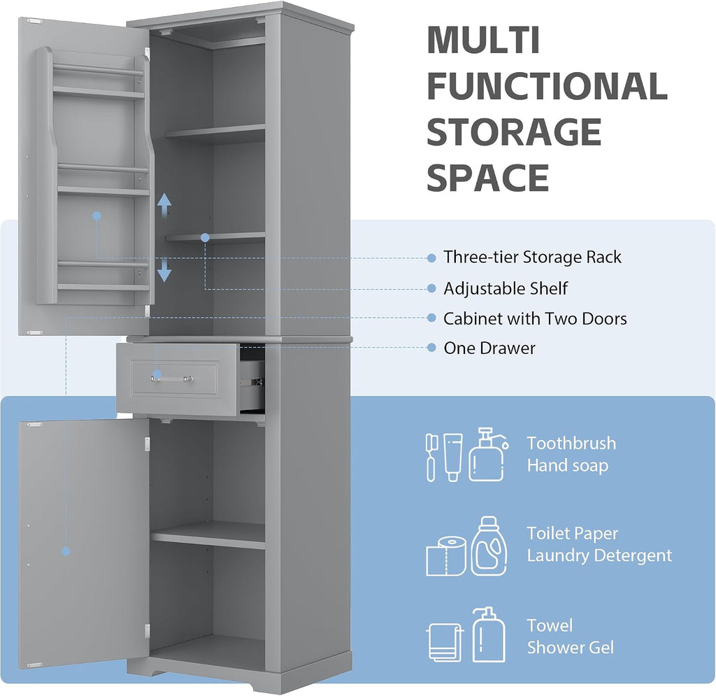 Tall Bathroom Storage Cabinet, Freestanding Bathroom Accent Storage Cabinet with Doors & Adjustable Shelves & Built-in Door Shelf for Home Kitchen, Living Room (Grey Style3)