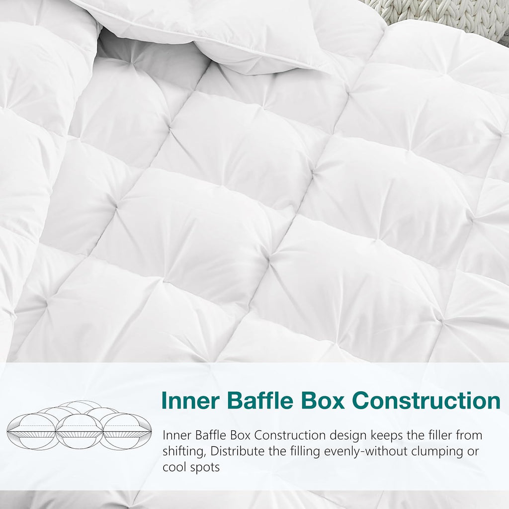 KAKABELL Pinch Pleat Goose Down Feathers Fiber Comforter Cal King Size All Season-Ultra Soft and Cozy Noiseless Duvet Insert with Egyptian Cotton Blend Cover,Fluffy Warm Comforter (White,98'X108')