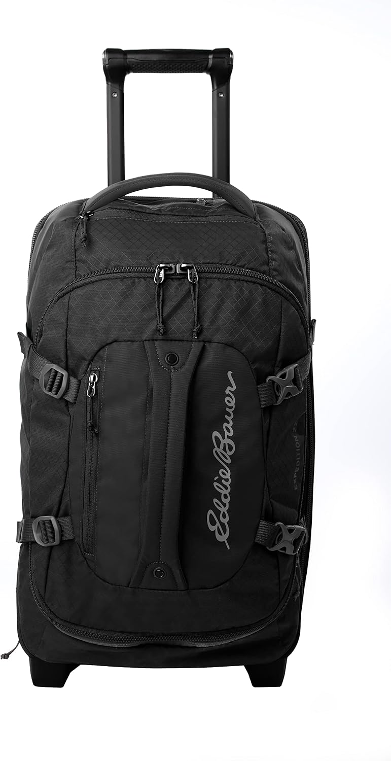 Eddie Bauer Expedition Rolling Duffel Bag with Wheels | Travel | Carry-On | Luggage | Rugged | Durable - Black, 22'