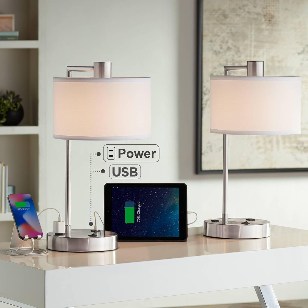 360 Lighting Colby Modern Desk Table Lamps 21' High Set of 2 with Hotel Style USB and AC Power Outlet in Base Brushed Nickel White Linen Shade for Living Room Bedroom Bedside Home Office