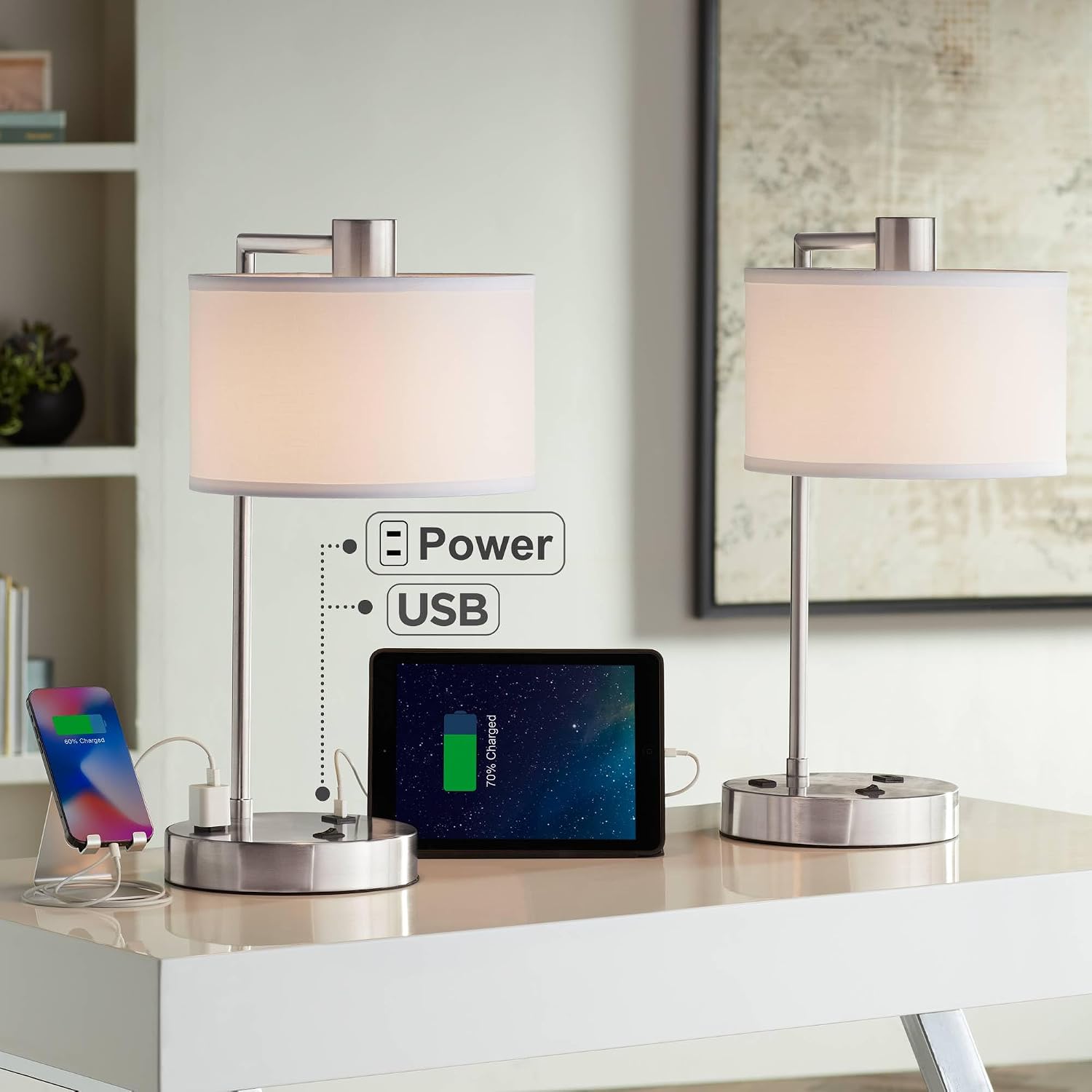 360 Lighting Colby Modern Desk Table Lamps 21' High Set of 2 with Hotel Style USB and AC Power Outlet in Base Brushed Nickel White Linen Shade for Living Room Bedroom Bedside Home Office