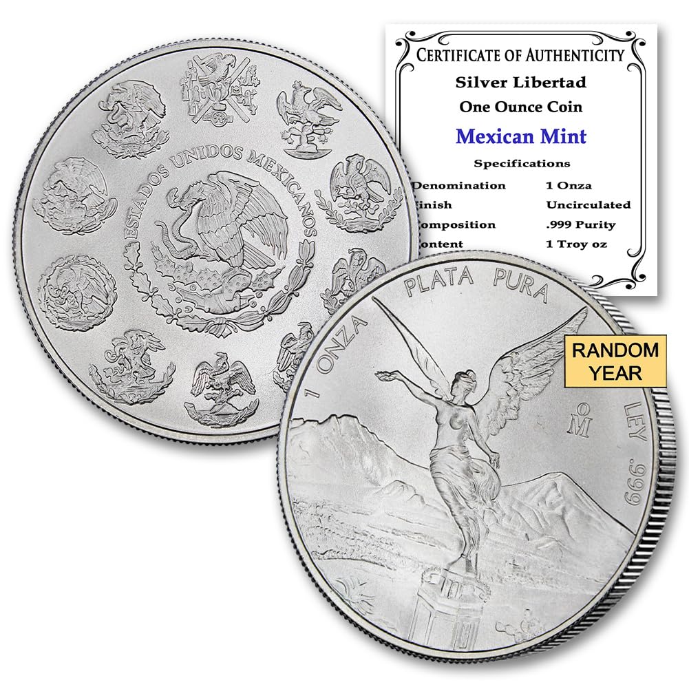 1982 - Present (Random Year) 1 oz Mexican Silver Libertad Coin Brilliant Uncirculated with Certificate of Authenticity - Moneda de Plata Pura de Ley 1 Onza Seller BU