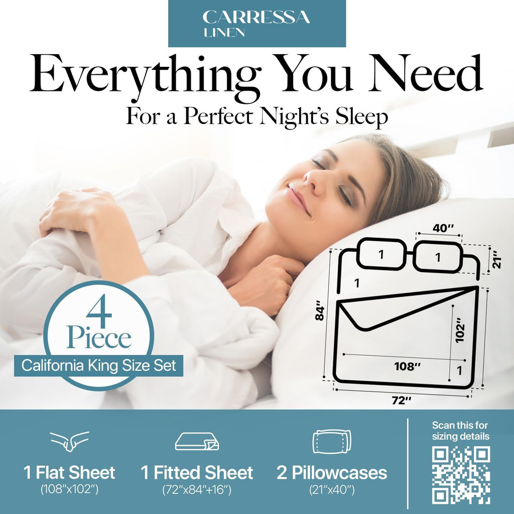 Carressa Linen 100% Egyptian Cotton California King Sheet Set - Luxury 1000 Series Orchids Collection Damask Striped Cal King Sheets (4 PC, White Stripe), Soft Cooling & Durable 16' Hotel Sheet
