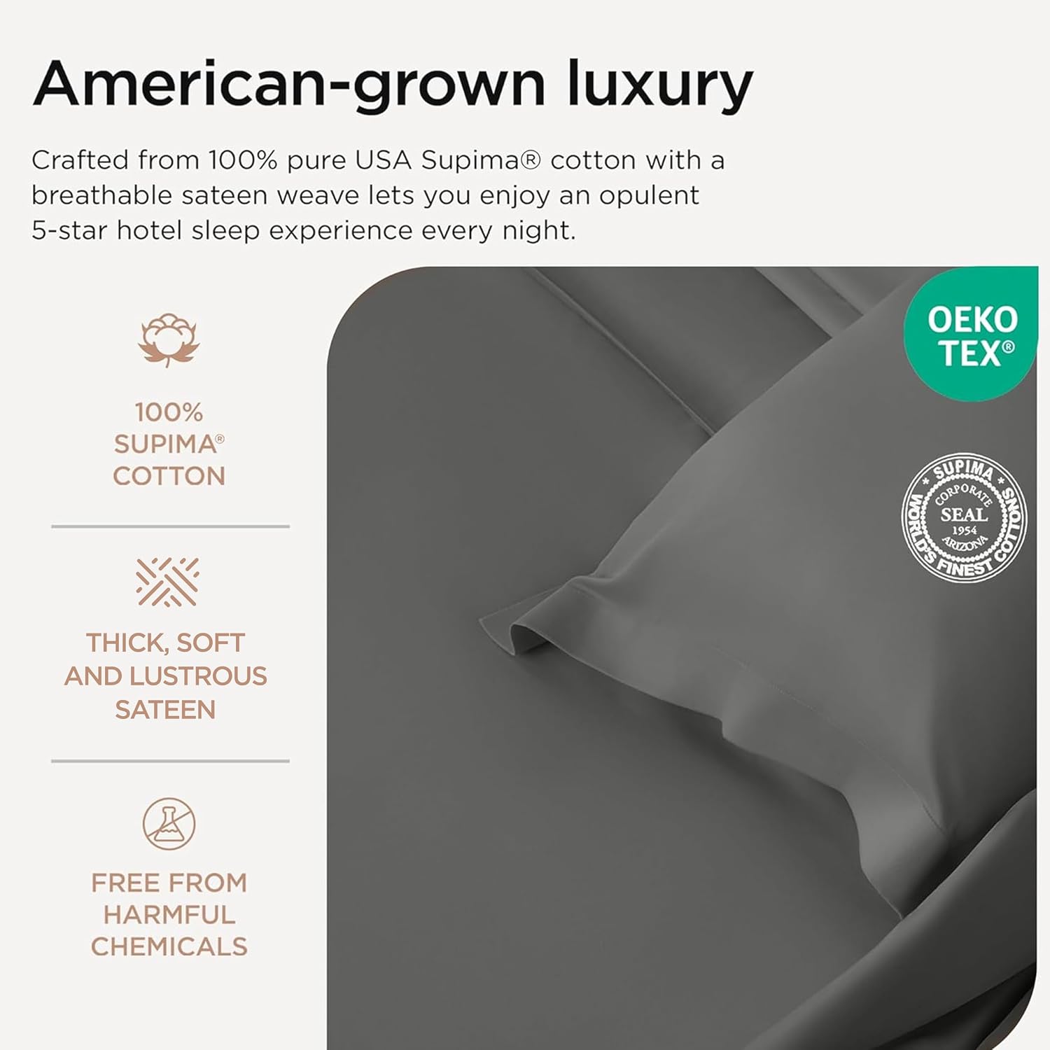 Threadmill Certified 100% American Supima Cotton Sheets, Queen Sheet Set, 1000 Thread Count, 4 Piece Luxury Bedding Set, Hotel Quality Sateen Weave, Dark Grey BedSheet with Elasticized Deep Pocket
