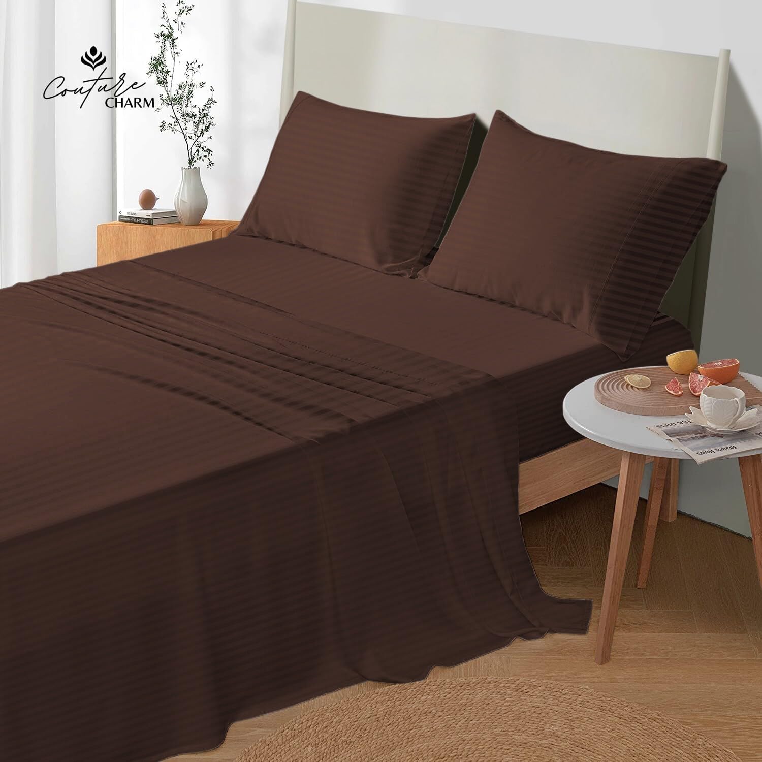 Queen Size 1000 Thread Count 100% Egyptian Cotton Sheet Set, 4-Piece, Sateen Weave, with 10-12' Deep Pocket Snug Fit (Stripe, Chocolate)