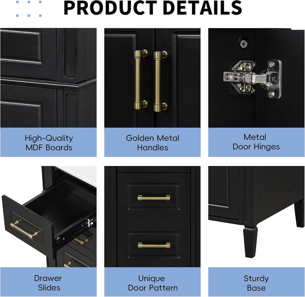 Harper & Bright Designs 36' Bathroom Vanity with Sink, Free Standing Bathroom Vanity Set with Flip Drawer, 3 Drawers, and Adjustable Shelf, Wood Storage Cabinet with Ceramic Basin for Bathroom, Black
